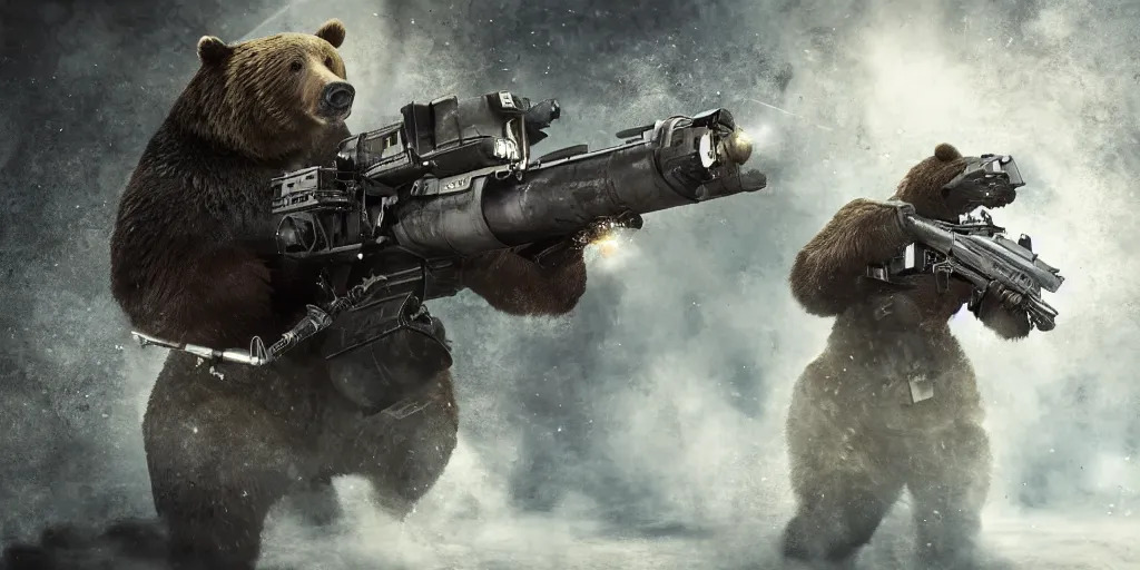 Prompt: bear holding a minigun and firing into a building, realistic 4 k octane beautifully detailed render, 4 k post - processing, highly detailed, intricate complexity, epic composition, magical atmosphere, cinematic lighting, masterpiece, ultra hd