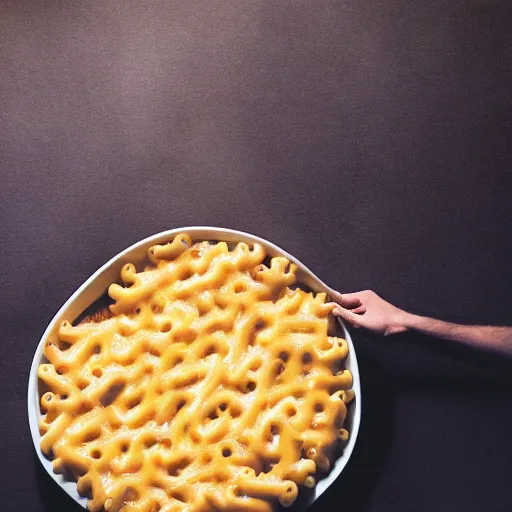 Image similar to a man drowning in a giant pool of mac n' cheese. photograph. medium format.