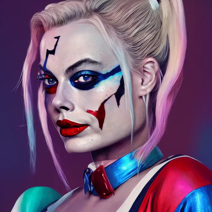 Image similar to portrait of Margot Robbie as a harley quinn. intricate abstract. intricate artwork. by Tooth Wu, wlop, beeple, dan mumford. octane render, trending on artstation, greg rutkowski very coherent symmetrical artwork. cinematic, hyper realism, high detail, octane render, 8k, iridescent accents