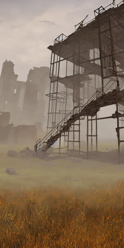 Prompt: rusty broken building constructions of a giant staircase for multiple cases, leading to the sky, the ruins, in the steppe, autumn field, misty background, from the game pathologic 2, highly detailed, sharp focus, matte painting, by isaac levitan and asher brown durand,