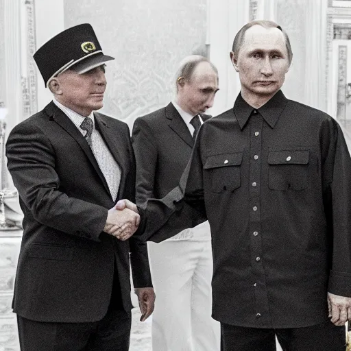 Prompt: cinematic shot of Yung Lean wearing a bucket hat and Vladimir Putin shaking hands with each other in the Kremlin, 8k, hyper intricate, hyper detailed,