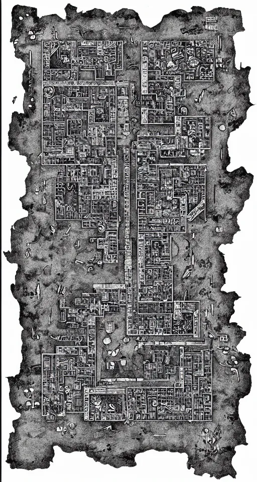 Image similar to a black and white isometric dungeon map. d & d. small dungeon layout. few rooms. high definition etching with complex details.