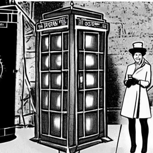 Prompt: Queen Elizabeth II standing on the street next to the Tardis, highly detailed, sci-fi concept art