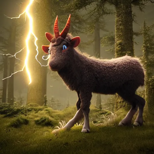 Prompt: creature fluffy animal with horns and short legs and arms and red eyes (((animal's hoof feet))), forest scene, octane render, highly detailed, cinematic lightning, epic fantasy style art