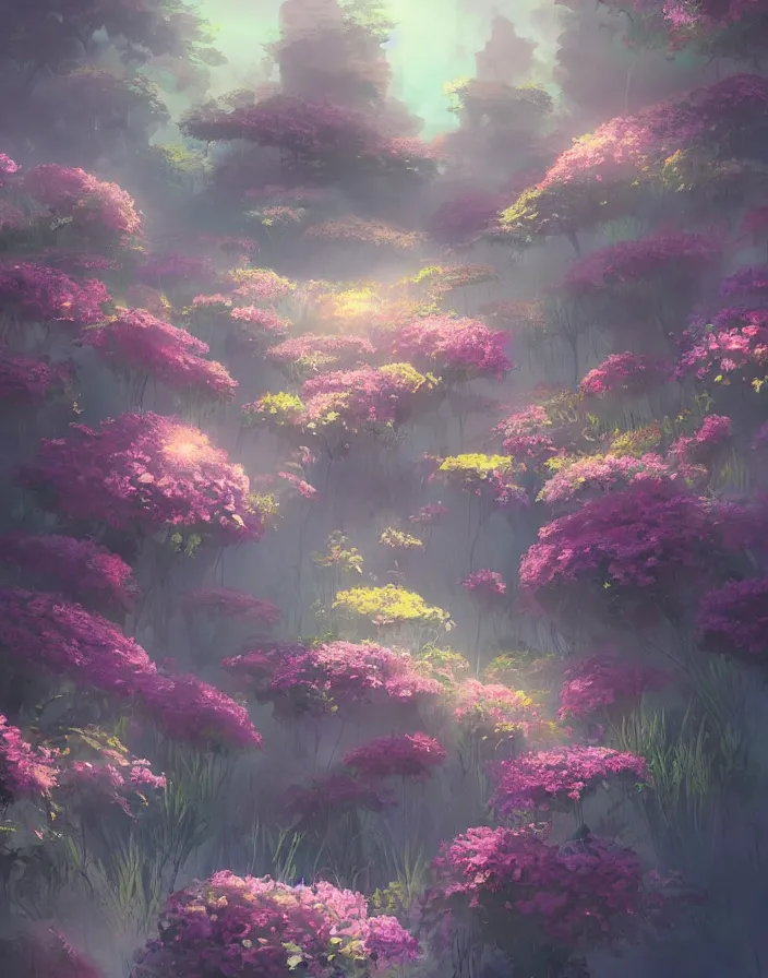 Image similar to beautiful flower bouquet, concept art, daytime ethereal anime, high detail Impressionist style, dreamy light color palette, style of studio ghibli and moebius, concept art stunning atmosphere, trending on artstation, volumetric light