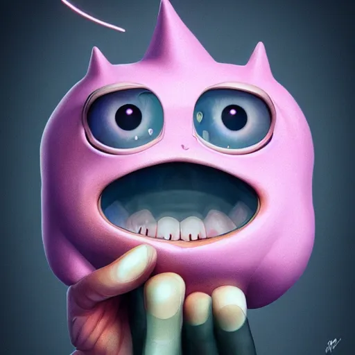 Prompt: funny cute little monster by artgerm and beeple, soft lighting, solid background,