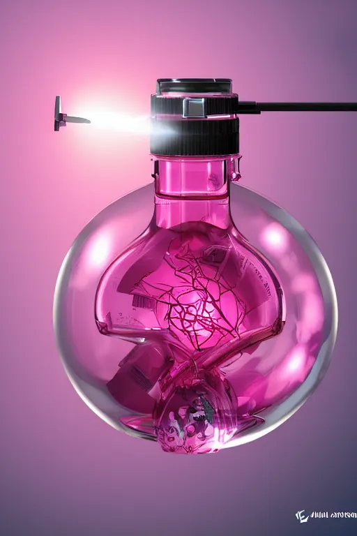 Image similar to Pink Vapor Inhalation Machine Conected to a Spherical Bottle of Pink Liquid by a Tube, Pink Vapor Leaking from an Oxygen Mask, fantasy, magic, ultra detailed, digital art, trending on artstation, illustration