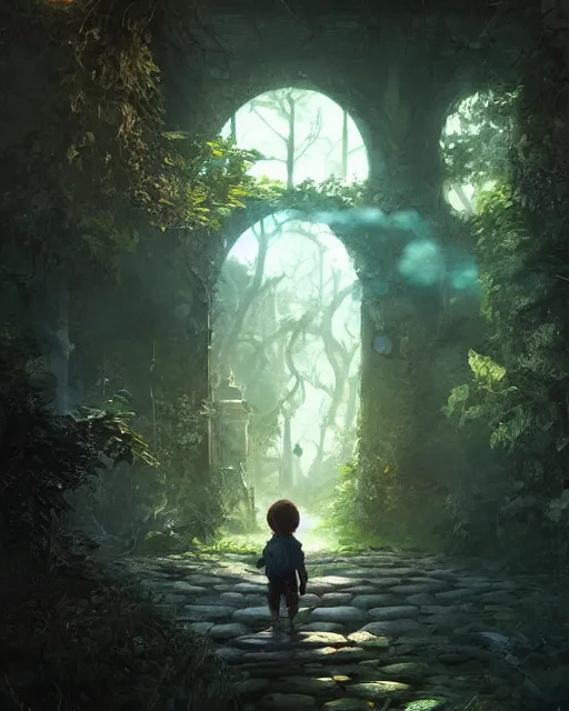 Image similar to a child looking at a portal in the hidden garden, scare, environment art, fantasy art, landscape art, in the style of greg rutkowski, illustration, epic, fantasy, intricate, hyper detailed, artstation, concept art, smooth, sharp focus, ray tracing