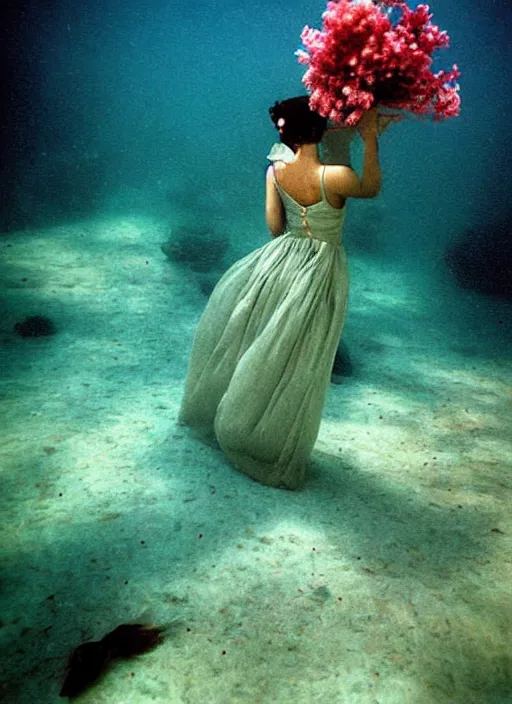 Prompt: long and wide feminine dress underwater together with some flowers, by ernst haas