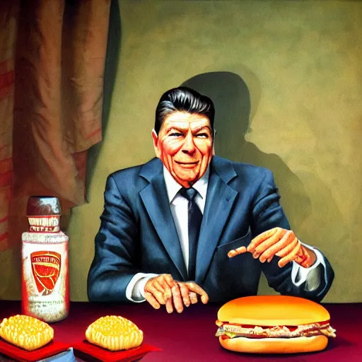 Prompt: surreal grotesque kitsch low-brow portrait of Ronald Reagan emerging from deep shadows eating hamburgers, extra onions and ketchup, luscious patty with sesame seeds, figure in the darkness, serving big macs, painted by John Singer Sargant, Adrian Ghenie, style of William Blake, watercolor, highly detailed, 8k, trending on artstation