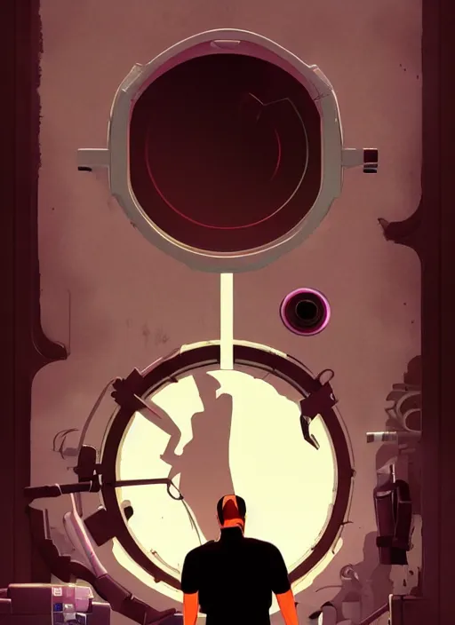 Image similar to poster artwork by Michael Whelan and Tomer Hanuka, of the game Portal, from Valve, Aperture Science, clean