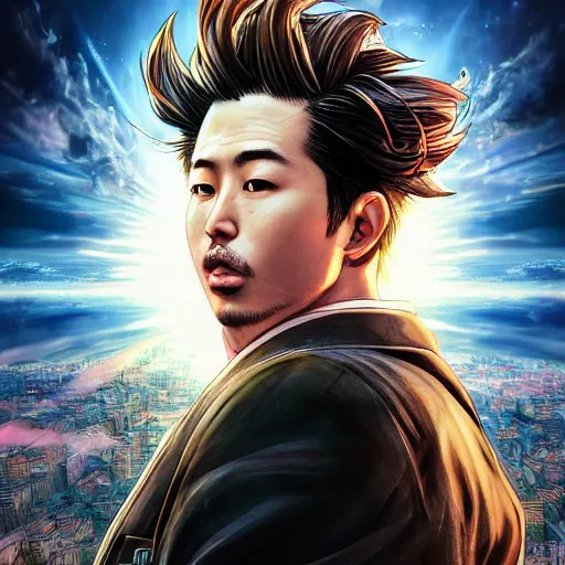 Prompt: the portrait of a glorious man in front of a massive explosion, hyperrealistic anime illustration by kim jung gi, iralki nadar, extremely detailed intricate linework, reflective eyes, smooth, super sharp focus, bright colors, high contrast, matte, octopath traveler, unreal engine 5 highly rendered, global illumination, radiant light