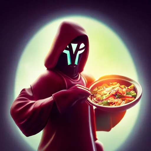 Image similar to movie still macro close photo of happy anonymous holding stirfry to face, by weta disney pixar greg rutkowski wlop ilya kuvshinov rossdraws artgerm octane render iridescent, bright morning, liosh, mucha