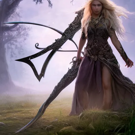 Prompt: a beautiful portrait of an epic fantasy style mystical forest elf woman with long blond hair holding a epic steel elven sword and a dagger with a bow strapped across her chest in the midst of a grassy meadow, oil painting, Greg Rutkowski, Charlie Bowater, swordsman, unreal 5, DAZ, hyperrealistic, octane render, RPG portrait, dynamic lighting, fantasy art, beautiful face