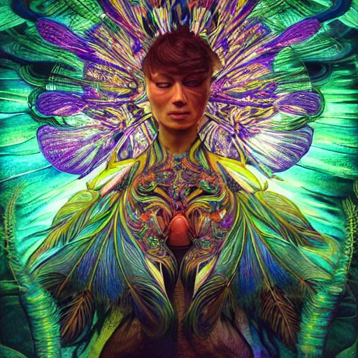 Prompt: A reality bending psychedelic ayahuasca experience in semi darkness with many fire flies, colorful, distorted, surreal, tropical bird feathers, dramatic lighting on the face, intricate, elegant, highly detailed, digital painting, concept art, smooth, sharp focus, illustration, art by Krenz Cushart and Wayne Barlowe and alphonse mucha