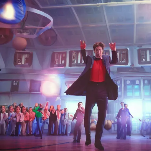 Image similar to the David Tennant as Doctor Who at a polka dancing contest at the YMCA basketball gym, everyone in the background clapping including a Dalek, in the background the Tardis door is wide open, high energy, polka, cgsociety, artstation, UE5, 8K, 4K, HQ