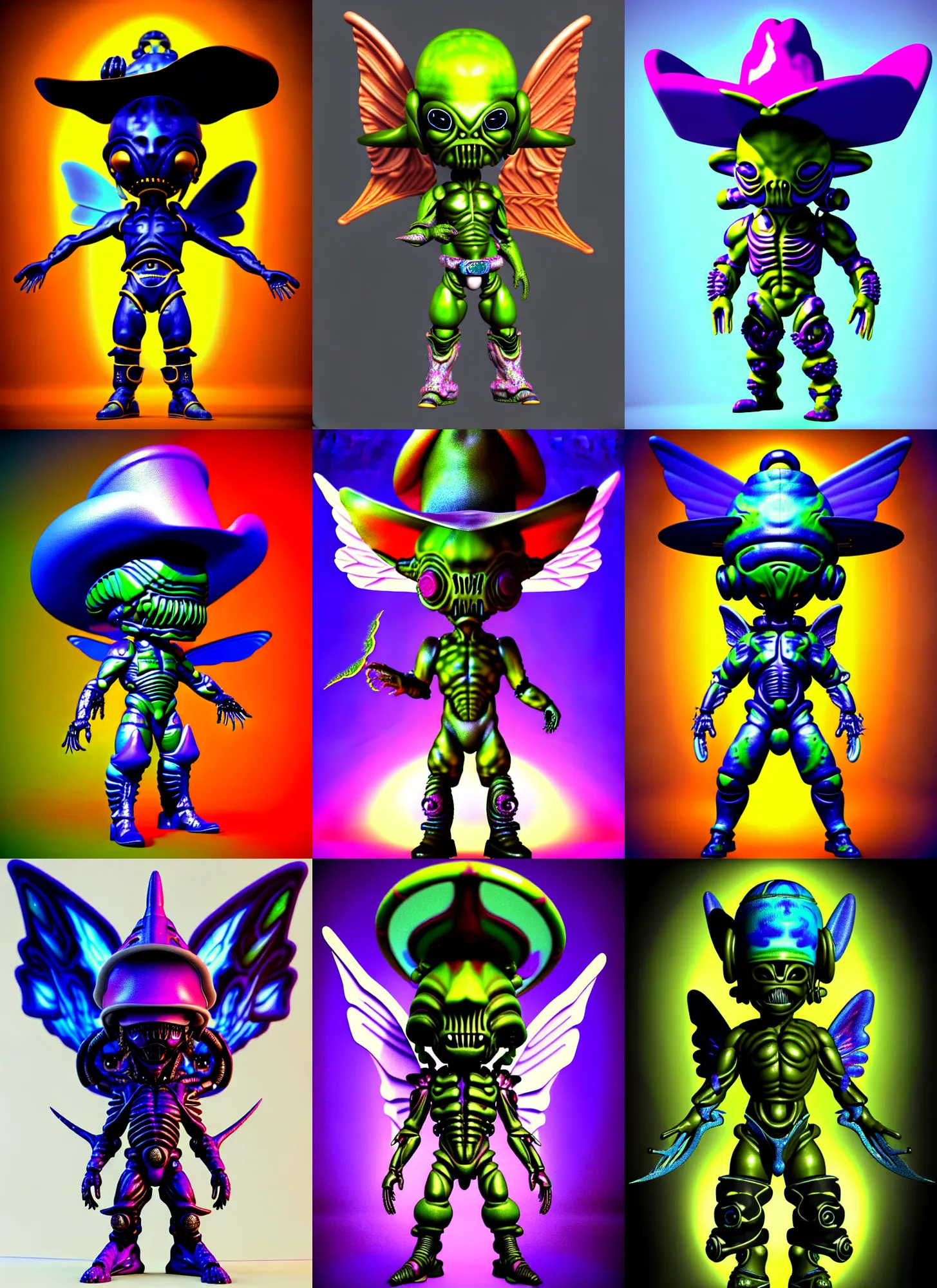 Prompt: 3 d render of chibi alien marine warrior by ichiro tanida wearing a big cowboy hat and wearing angel wings against a psychedelic swirly background with 3 d butterflies and 3 d flowers n the style of 1 9 9 0's cg graphics 3 d rendered y 2 k aesthetic by ichiro tanida, 3 do magazine