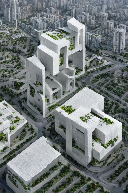 Image similar to several white future office building blocks with chinese xi'an culture, comfortable corridors and platforms, bird's - eye view, in xi'an, china, by paul lehr and john schoenherr and sou fujimoto and gmp and som and oma