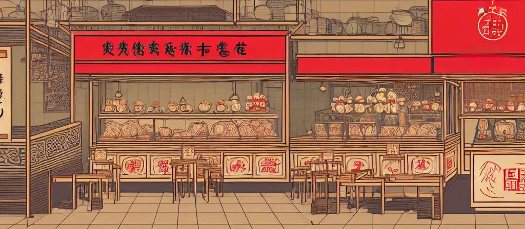 Image similar to a beautiful simple 4 k hd wallpaper illustration of interior view display of the corner of roasted string hotpot shop, simple style, from china, with merchant logo, simple structure, surrealistic, chinese style, victo ngai, james jean, denoise, deblurring