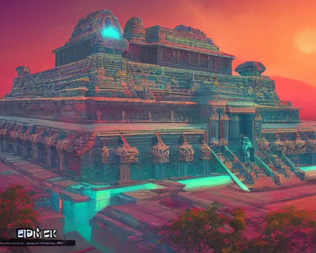 Prompt: ancient indian structure, retrowave epic art, trending on art station