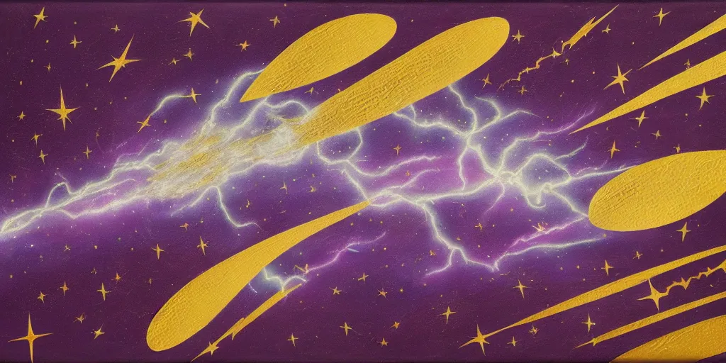 Prompt: textured art deco painting of astronaut, flying from bottom left to top right, muted, geometric, gold and deep purple background with lightning bolt