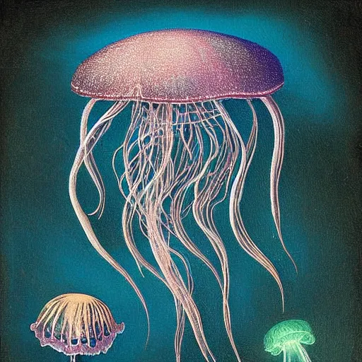 Prompt: a painting of a jellyfish in blue water, a digital painting by Earnst Haeckel, featured on deviantart, digital art, bioluminescence, luminescence, black background