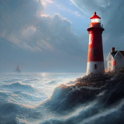Prompt: A beautiful painting of a singular lighthouse, shining its light across a tumultuous sea of blood by greg rutkowski and thomas kinkade, Trending on artstation,