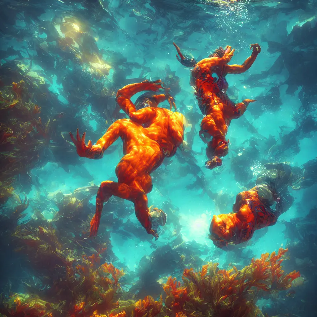 Image similar to man underwater floating, vivid colors, sharp focus, digital art, Unreal Engine, Dramatic Lighting by Brom, trending on Artstation