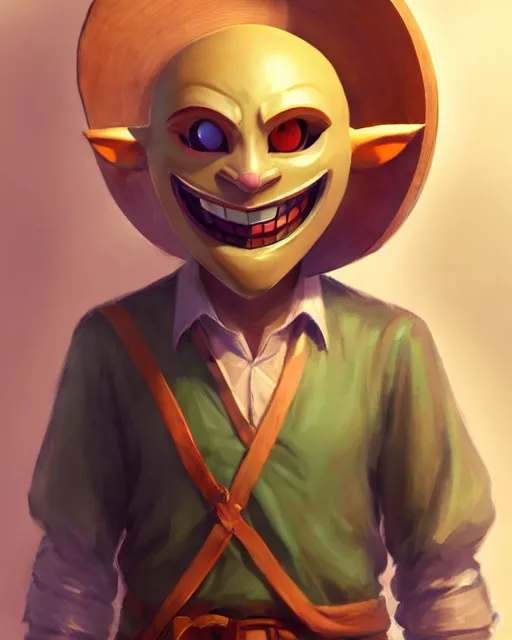 Image similar to character concept art of the happy mask salesman from the legend of zelda | | handsome - fine - face, pretty face, realistic shaded perfect face, fine details by stanley artgerm lau, wlop, rossdraws, james jean, andrei riabovitchev, marc simonetti, and sakimichan, tranding on artstation