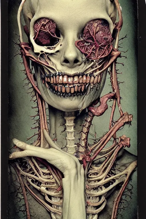 Prompt: an old polaroid photography of a very sad and detailed rotten woman corpse with fractal ornate growing around her face muscles, veins, arteries, bones, anatomical, skull, eye, ears, intricate, surreal, ray caesar, john constable, guy denning, dan hillier