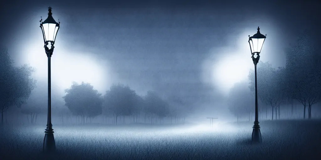 Prompt: curved perspective epic illustration of night city with curly victorian street lamp in a foggy field hilly ground from tim burton nightmare before christmas