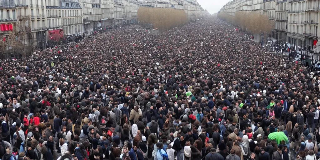Prompt: million of people rioting on the streets of paris, wide angle