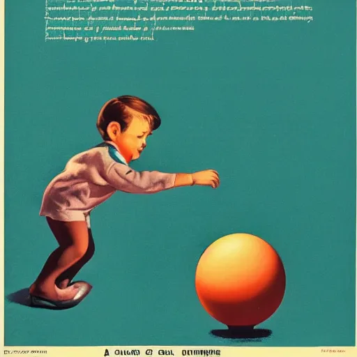 Prompt: a child playing with a ball, advertising illustrations from the 4 0's and 5 0's,