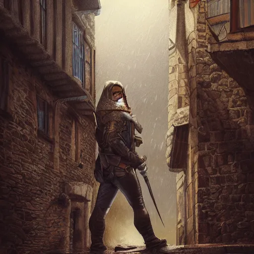 Image similar to portrait of an adventurer, illustration by michael wellen, john stephens, in a medieval city, tone mapping, stormy weather, sleet, trending on artstation