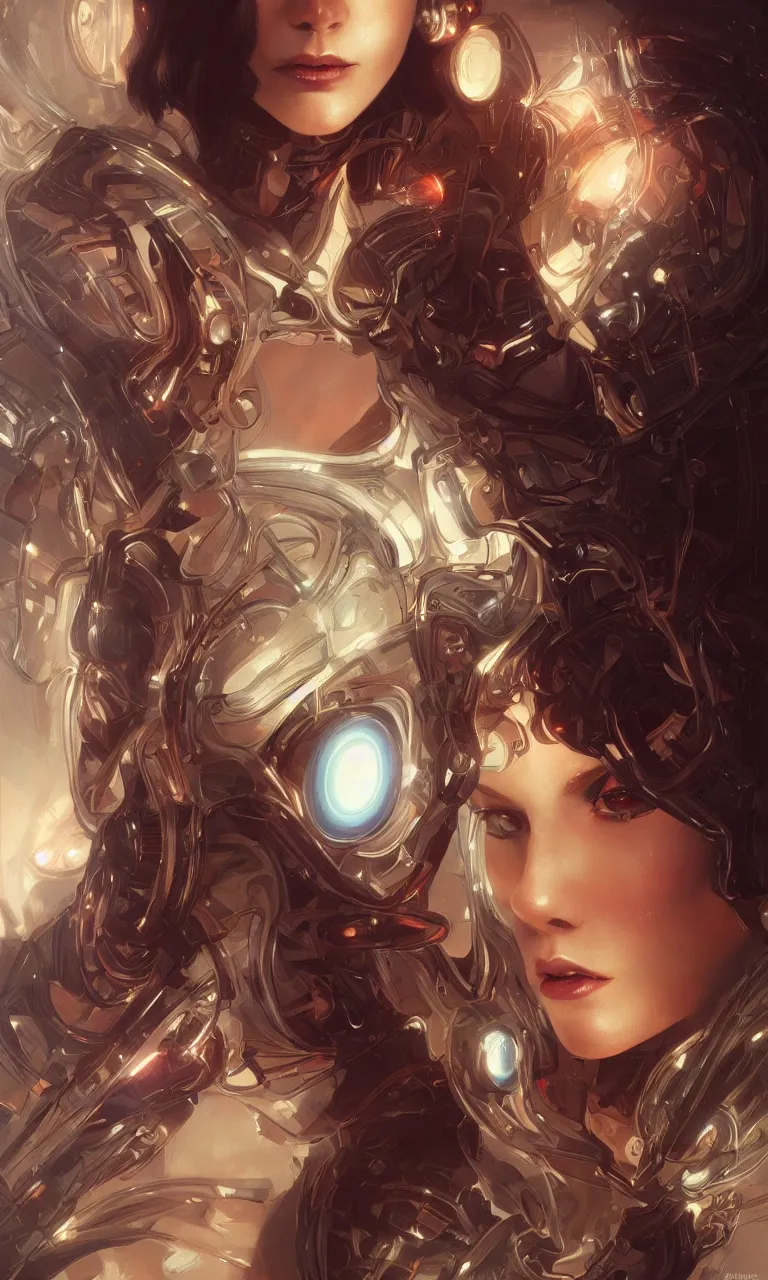 Image similar to beautiful portrait of a cyber woman with glowing eyes, intricate, elegant, highly detailed, digital painting, artstation, concept art, smooth, sharp focus, illustration, art by artgerm and greg rutkowski and alphonse mucha