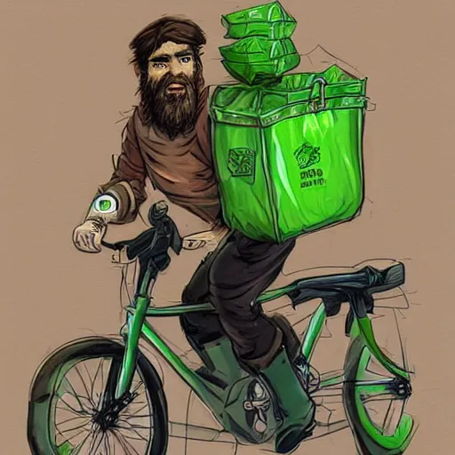 Prompt: a bearded and long haired bicycle food delivery worker with a green bag on his back in rossio lisbon, he has boots, hearthstone art style, epic fantasy style art by kim jung gi, fantasy epic digital art