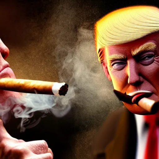 Image similar to a high quality photo of donald trump smoking a cigar, 3d scene, render, ultra realistic, artstation, cgsociety