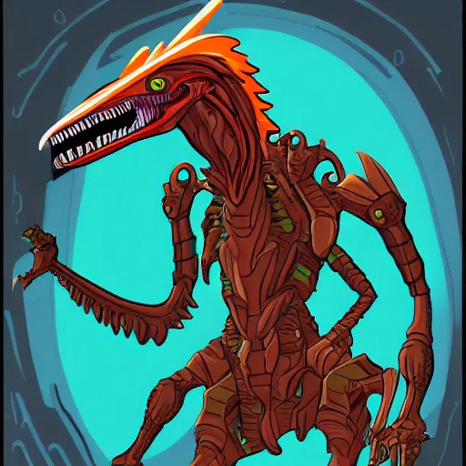 Prompt: a detailed tarot card of a futuristic cyborg velociraptor, neon outline, mouth open in a terrifying roar, 8 k, artstation, pixiv