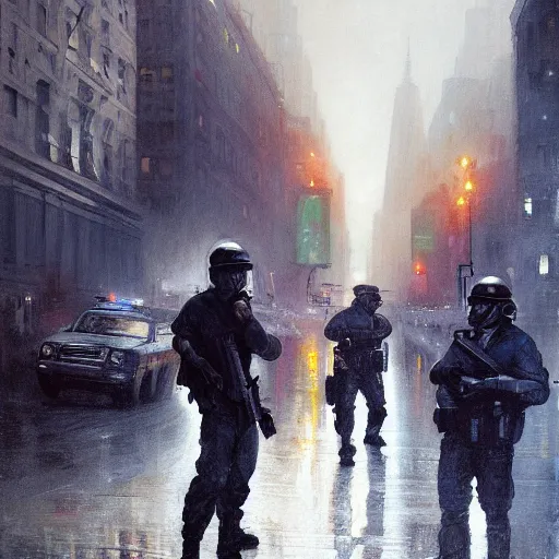 Image similar to highly detailed painting of metrocops patrolling city - 1 7, shotgun in hand, streets of nyc, by william turner, by greg rutkowski, by william constable, thick brush strokes and visible paint layers, 4 k resolution