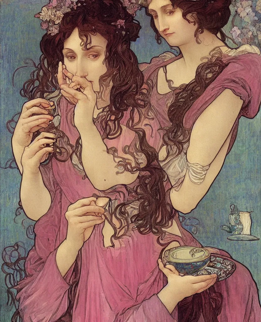 Image similar to a beautiful arrogant surreal greek lady drinking tea looking disdained, rennaisance painting, whimsical, pastel pink color palette, by leonardo da vinci and alphonse mucha