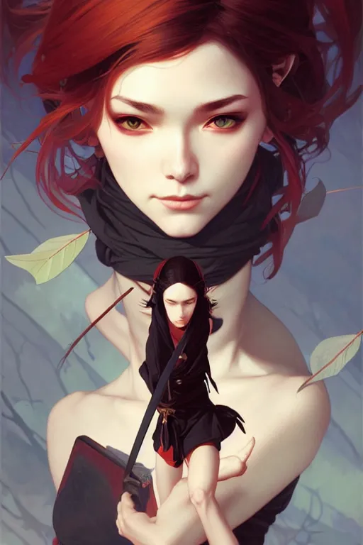 Image similar to a beautiful ninja girl, fantasy, portrait, sharp focus, intricate, elegant, digital painting, artstation, matte, highly detailed, concept art, illustration, ambient lighting, art by ilya kuvshinov, artgerm, Alphonse mucha, and Greg Rutkowski