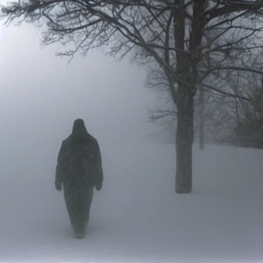 Image similar to photograph of a man sleepwalking during a blizzard, 8 0 mm film