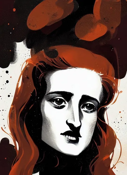 Image similar to highly detailed closeup portrait of beautiful grace gummer as dom dipierro, wavy ginger hair, black dress, by atey ghailan, by greg rutkowski, by greg tocchini, by james gilleard, by joe fenton, by kaethe butcher, gradient orange, black and white color scheme, grunge aesthetic!!! ( ( graffiti tag wall background ) )