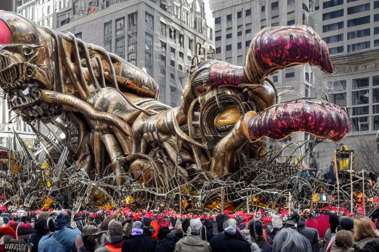 Image similar to photo of giant parade float designed by wed anderson and hr giger, in the macys parade, detailed 4 k photo