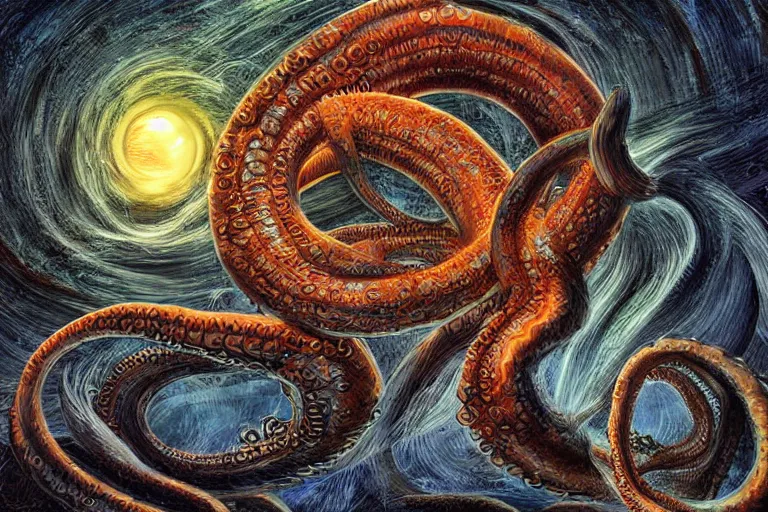 Image similar to a giant lovecraftian tentacle creature gripping a black hole, digital art, photorealistic, vivid colors, highly detailed, intricate