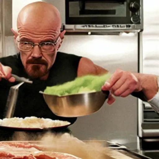 Image similar to Walter white cooking bacon