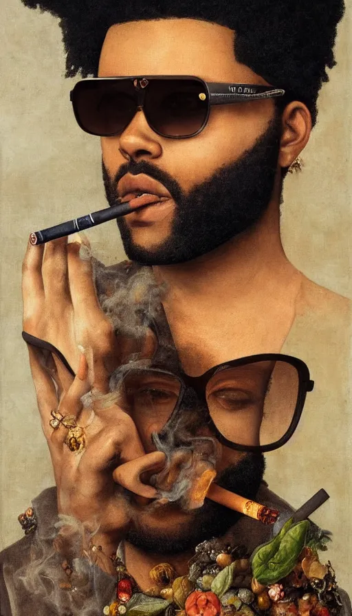 Prompt: the weeknd wearing sunglasses and smoking at night by giuseppe arcimboldo, brown skin, classical painting, digital painting, romantic, vivid color
