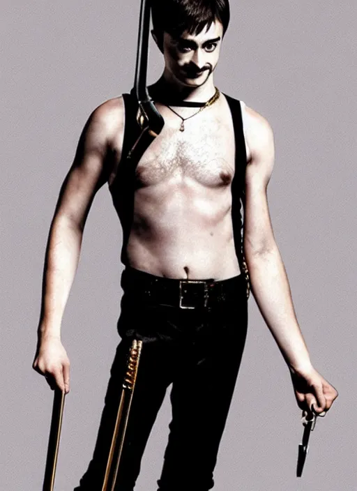 Prompt: Daniel Radcliffe as Freddy Mercury