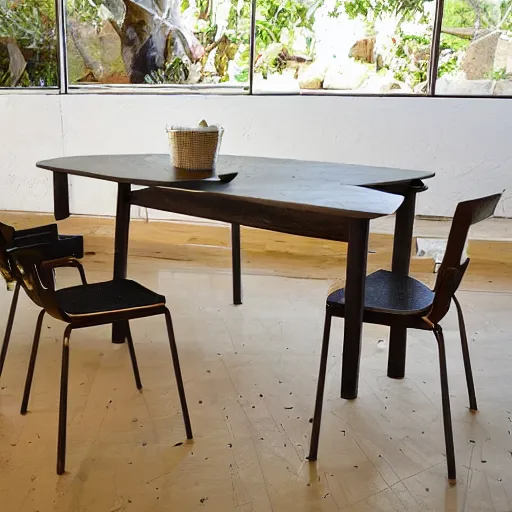 Image similar to a dining set made from pure recycled materials, conceptual art