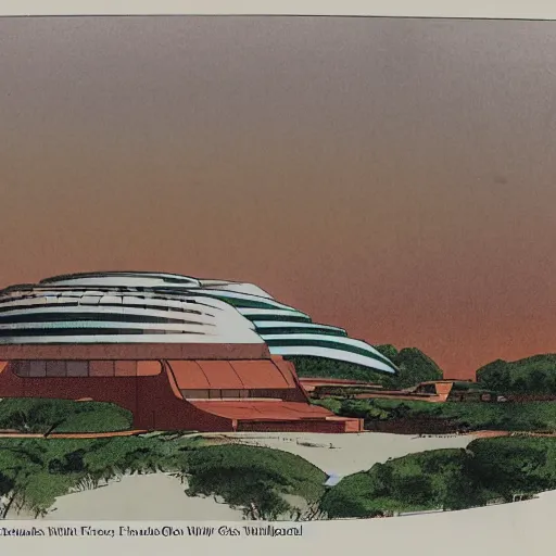 Image similar to epcot center as a wasteland, frank lloyd wright